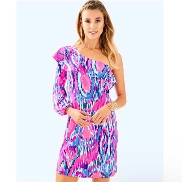 Lilly Pulitzer Dresses & Skirts - Lilly Pulitzer Amante Women’s Pink Neon One Shoulder Cocktail Coastal Beach NWT
